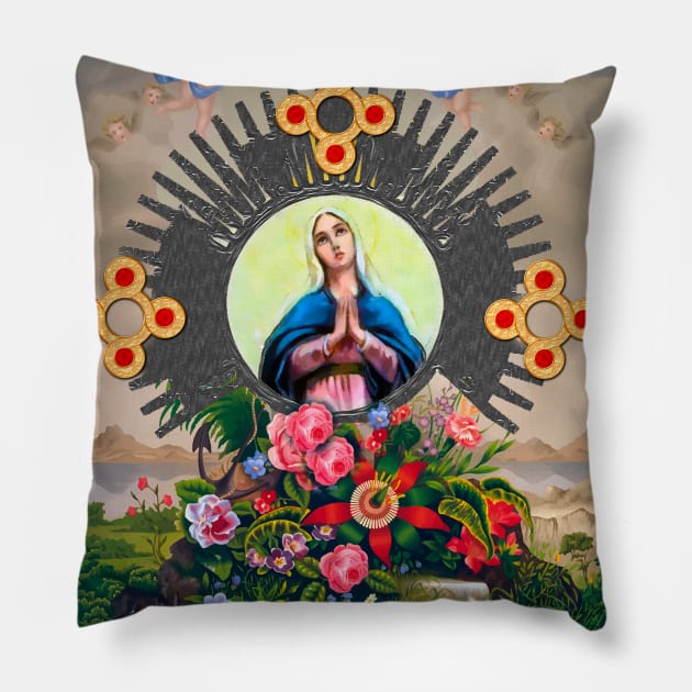 monstrance santa maria and flowers Pillow by Marccelus