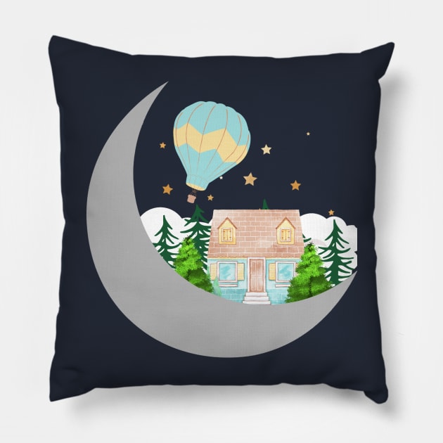 Cabin in the woods on the moon - Fantasy Pillow by LukjanovArt