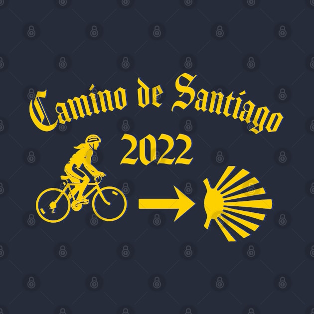 Camino de Santiago 2022 Woman Riding a  Bicycle Yellow Scallop by Brasilia Catholic