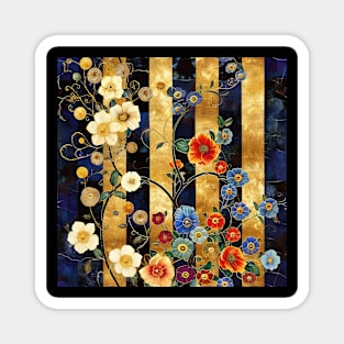 Rambling Flowers on Black and Gold Stripes Magnet