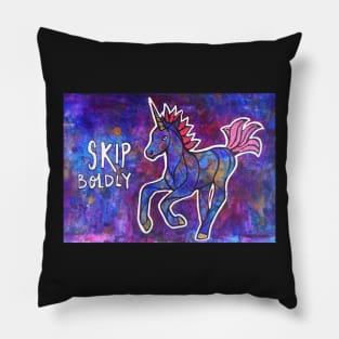 Skip Boldly. Magical Unicorn Watercolor Illustration. Pillow