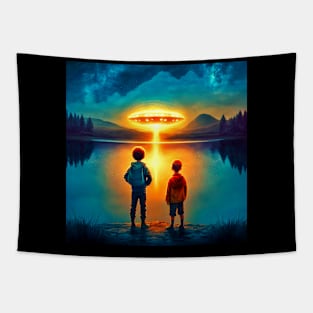 Kids watching a UFO hovering above a lake Tapestry