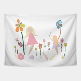 Mom and kids with flowers Tapestry