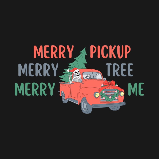 Funny Christmas Skeleton Wearing Santa Hat, Pickup Truck with Tree by TheCloakedOak