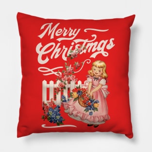 Merry Christmas Girl Garden typography illustration Pillow