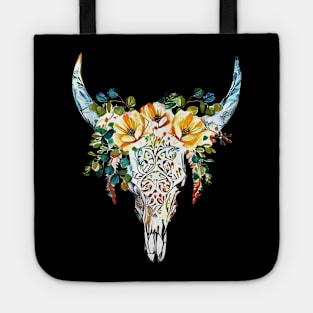 Cow Skull and Crown eucaliptus leaves and little flowers, boho, bull skull Tote