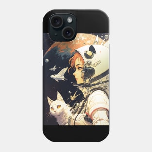 Girl and Cat in Space Fantastic Retro 70s Phone Case