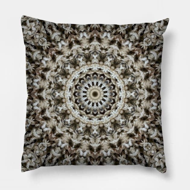 Textured Mandala Kaleidoscope in Cream, Brown, and Beige Pillow by Crystal Butterfly Creations