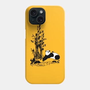 The Friendly Panda and Little Birds | Black Monochrome Phone Case