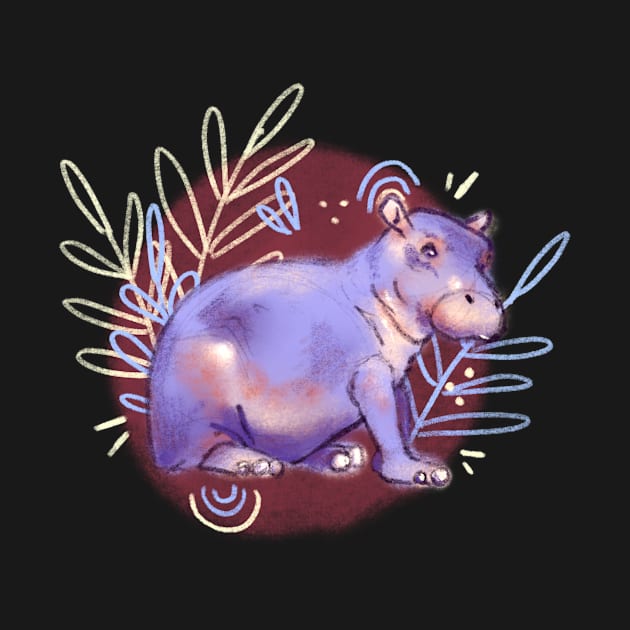 Cute Purple Hippo with Leaves and Plants by livelonganddraw