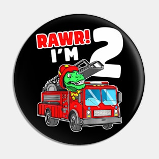 Dinosaur Fire Truck 2Nd Birthday Boy Two T-Rex Firefighter Pin