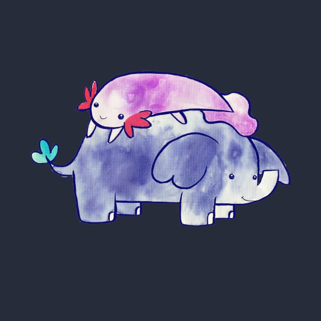 Axolotl and Little Elephant Watercolor by saradaboru