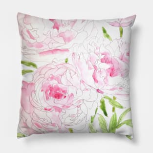 pink peony flowers  watercolor and ink Pillow