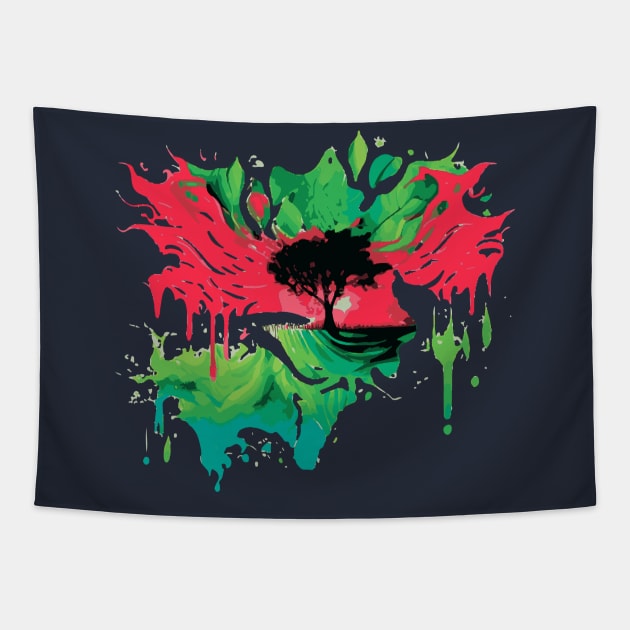 Watermelon Summer Tree Paint Splatter Art Tapestry by Holisticfox