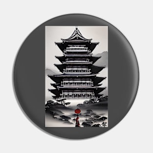 Japanese temple with monk,sumi-e ink painting Pin