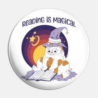 Reading Is Magical Adorable Cat in Witch Hat design Pin