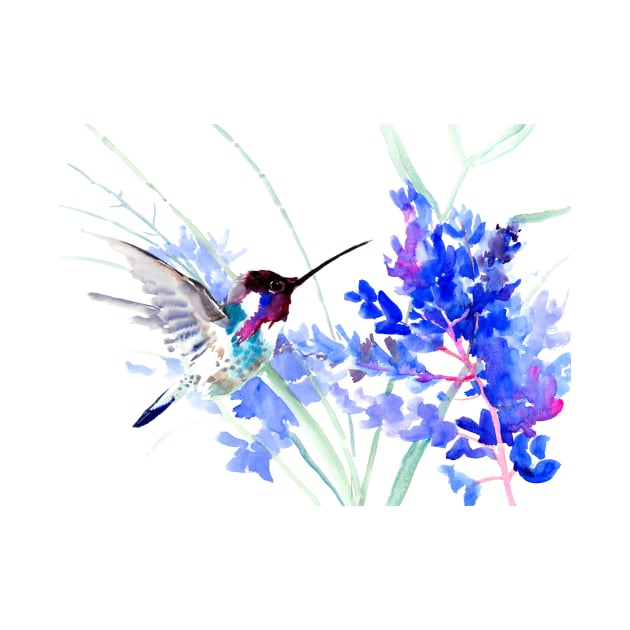 Flying Hummingbird anf Blue Flowers by surenart