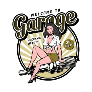 Brunette Mechanic On Duty / Sexy Pinup / Retro Classic Vintage / Light Yellow Edition T-Shirt