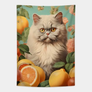 Vintage Persian Cat Collage Surrounded by Citrus Fruit - Unique Cat Art Tapestry