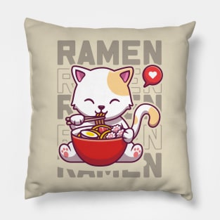 Cat Eating Ramen Cute Noodles, Kawaii Kittie Eating Japanese Noodle Pillow