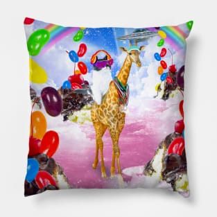 Cat Riding Giraffe in Space Pillow