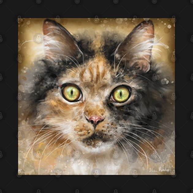 Painting of a Calico Tri-Color Fluffy Cat with Gorgeous Green Eyes by ibadishi