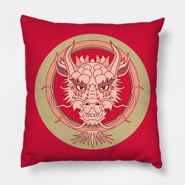 chinese dragon face red and green Pillow by colorofmagic
