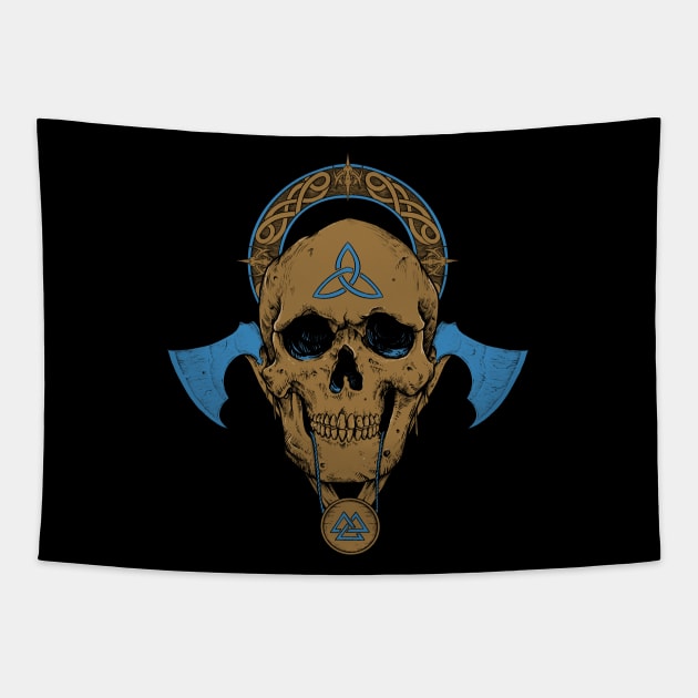 Viking Skull Nordic Scandinavian Norse Pagan Symbols Tapestry by Blue Pagan