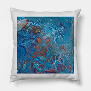 Paint pouring blue rust sienna mixed media Pillow