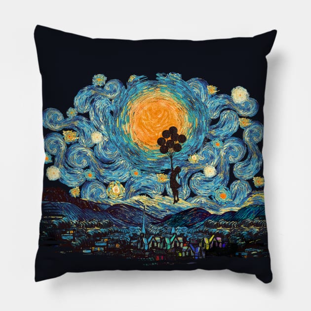 the ballons girl starry night Pillow by Dezigner007