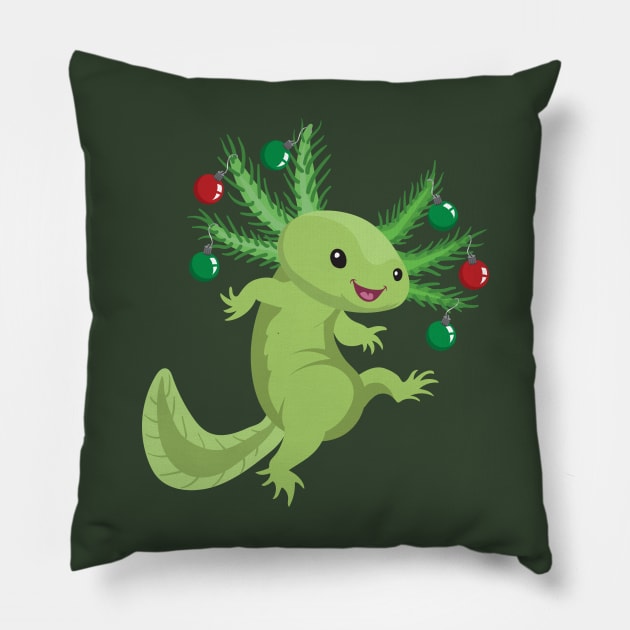 Festive Axolotl (Green) Pillow by Peppermint Narwhal