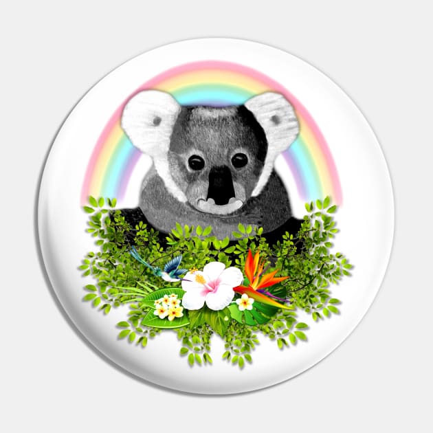 Cute Koala with Flowers, Rainbow and Hummingbird Pin by KC Morcom aka KCM Gems n Bling aka KCM Inspirations