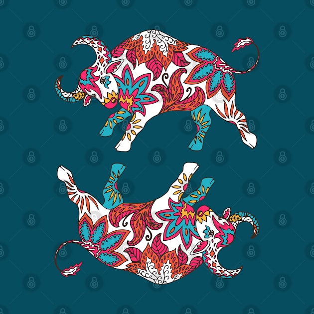 Paisley Oxen (Dark Teal Palette) by illucalliart