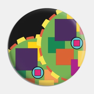 Fun, colorful cogwheels design. Multicolored squares and circles. Original artwork in modern, bright colors. Pin