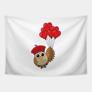 Cute Owl Flying with Heart Balloons Tapestry