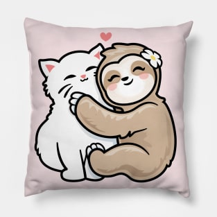 Sloth Hugging Kitty Cat Funny Cute Best Friend Pillow