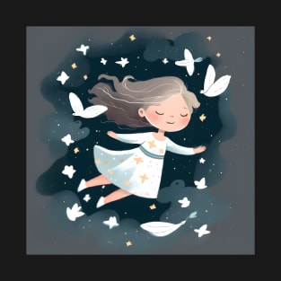 Ethereal White Dress Girl Soaring Amongst Stars and white dove T-Shirt