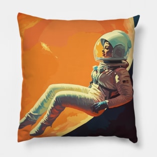 Female Astronaut in the Space, Vintage Style Art Pillow