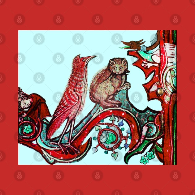 WEIRD MEDEVAL BESTIARY, CAT AND CUCKOO BIRD IN RED GREEN by BulganLumini