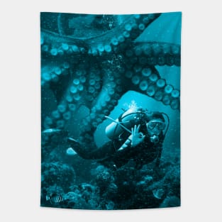 Giant Octopus Approaching Scuba Diver Tapestry