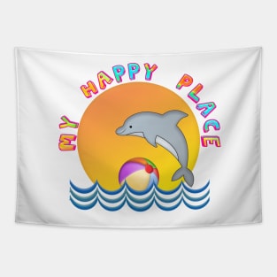 MY HAPPY PLACE Beach Sun Dolphin Waves Ball Illustration Tapestry