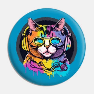 t-shirt design, colorful cat with headphones on, graffiti art psychedelic art, black background, synthwave, colorful Pin