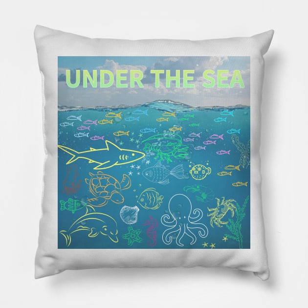 under the sea,blue sea,sea creatures,Turtle, puffer fish, starfish, shrimp, shark, tropical fish, sea horse, seaweed, sardines, squid, crabs, clams Pillow by zzzozzo