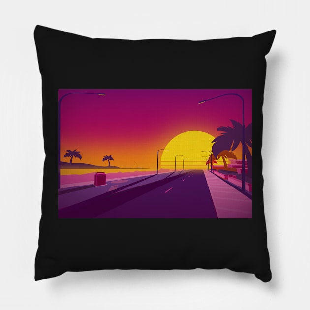 Retrowave Sunset Beach Street Pillow by MOULE