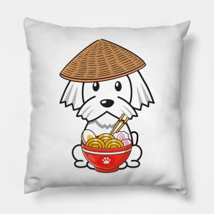 Funny white dog is eating noodles Pillow