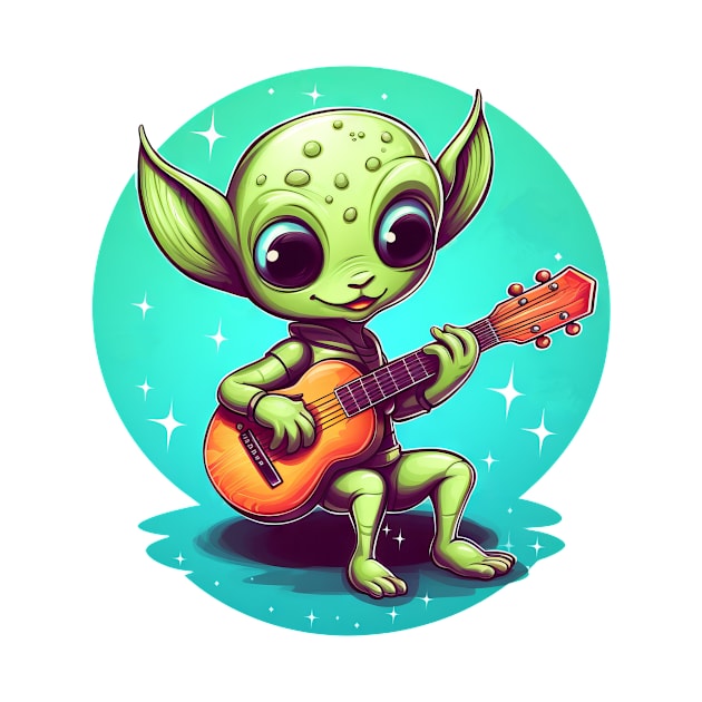 Cute Alien Playing Guitar at Sunset by HBfunshirts