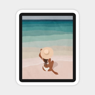 Summer vibes, Woman, Hat, Mid century art Magnet