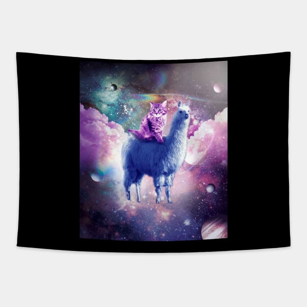 Outer Space Galaxy Kitty Cat Riding On Llama Tapestry by Random Galaxy