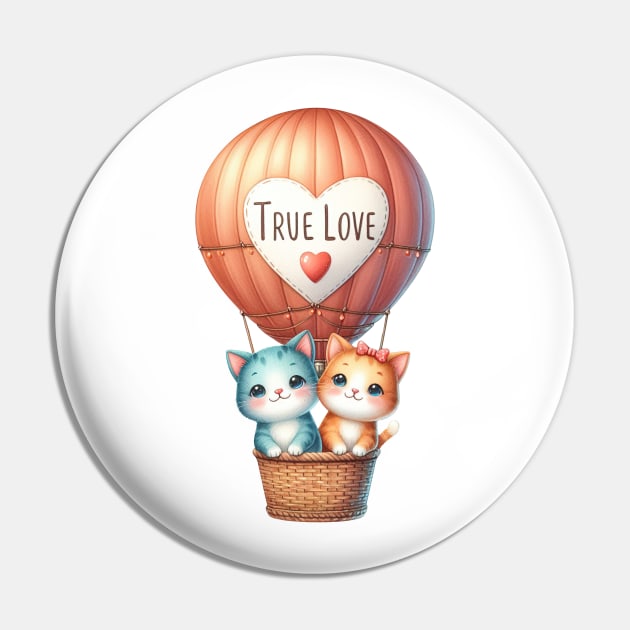 Valentine Cat Couple On Hot Air Balloon Pin by Chromatic Fusion Studio