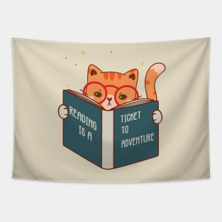 Reading is a ticket to Adventure, Cute Cat design, Kitty reader, bookworm Tapestry